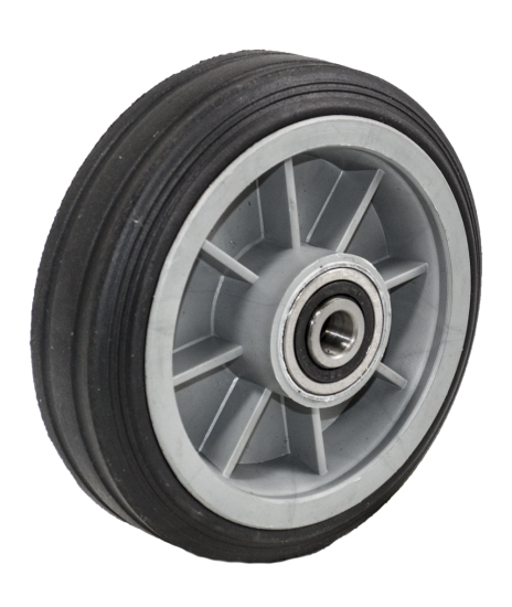 (image for) Wheel; 6\" x 2\"; Solid Rubber on Plastic Hub; Ball Brng; 3/4\" Bore; 2-7/16\" Hub Length; 350#; Centered One-piece Hub; Ribbed Tread (Item #87961)