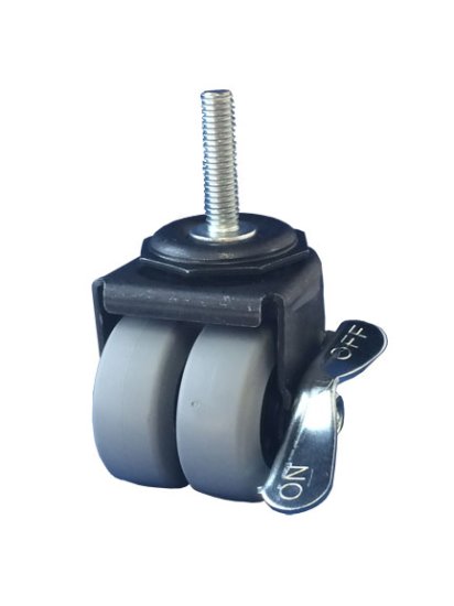 Caster; Dual Wheel; Swivel; 2\" x 7/8\" (x2); Thermoplastized Rubber (Gray); Threaded Stem (3/8\"-16TPI x 1-1/2\"); Black Rig; Plain bore; 180#; Side brake (Item #65737)