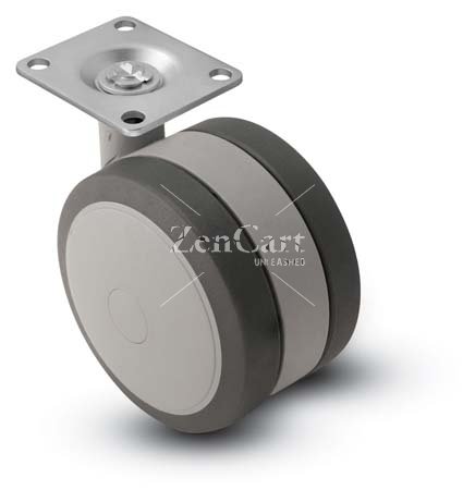 (image for) Caster; Twin; Swivel; 3" (75mm); Thermoplastized Rubber (Gray); Plate; 2-3/16"x2-9/16"; holes: 1-5/8"x2"; 5/16" bolt; Gray; Rivet; 165# (Item #67815)