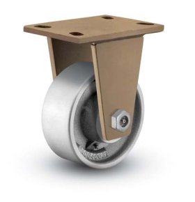 (image for) Caster; Rigid; 6" x 2-1/2"; Steel; Top Plate (4-1/2"x6-1/2": holes: 3-3/8"x5-1/4"; 1/2" bolt); Gold Finish; Tapered Rlr Brng; 3000# (Item #65692)