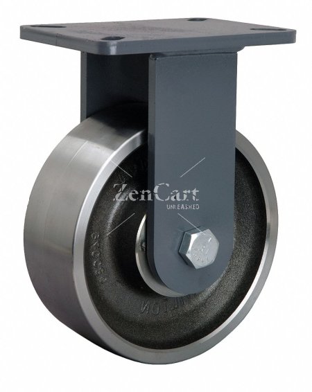 (image for) Caster; Rigid; 6" x 2"; Steel (Forged); Top Plate (4"x4-1/2"; holes: 2-5/8"x3-5/8" slotted to 3"x3"; 3/8" bolt); Zinc; Roller Brng; 1250#; Temp to 1300 deg (Item #65863)