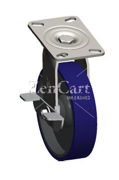 (image for) Caster; Swivel; 8" x 2"; PolyU (Crowned) on Cast (Blue); Plate (4-1/2"x6-1/4"; holes: 2-7/16"x4-15/16" slotted; 1/2" bolt); Roller Bearing; 1500#; Cam Brake (Item #64508)