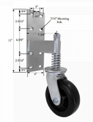 Spring Loaded Gate Swivel Caster; 6" x 2"; Rubber on Cast Iron; Bracket (11"x4"; 8 holes 1-3/4" (slotted to 3") x 9-1/2"; 7/16" bolt); Zinc; Roller Brng; 500# (Item #62937)