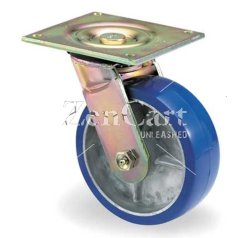 (image for) Caster; Swivel; 5" x 1-1/4"; PolyU on Alum (Blue); Plate (2-1/2"x3-11/16"; holes: 1-3/4"x2-7/8" slotted to 3"; 5/16" bolt); Zinc; Prec BB; 275#; Dustcap (Item #65782)
