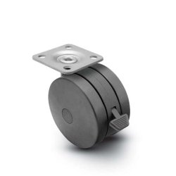 Caster; Twin; Swivel; 3" (75mm); Nylon; Plate; 1-1/2"x1-1/2"; holes: 1"x1"; 3/16" bolt; Black; Rivet; 165#; Pedal Lock; Wheel (Item #68982)