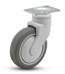 Caster; Swivel; 5" x 1-1/4"; TPR Rubber (Gray); Plate (2-3/4"x3-1/2": holes: 1-3/4"x3"; 5/16" bolt); Nylon (Gray); Prec Ball Brng; 220#; Thread Guards (Item #64964)