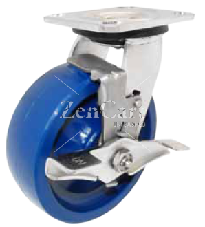 (image for) Caster; Swivel; 5" x 2"; Solid Polyu; Plate (4"x4-1/2"; holes: 2-5/8"x3-5/8" slots to 3"x3"; 3/8" bolt); Stainless Yoke and Ball Brng; 1200#; Kingpinless; Brake (Item #64259)