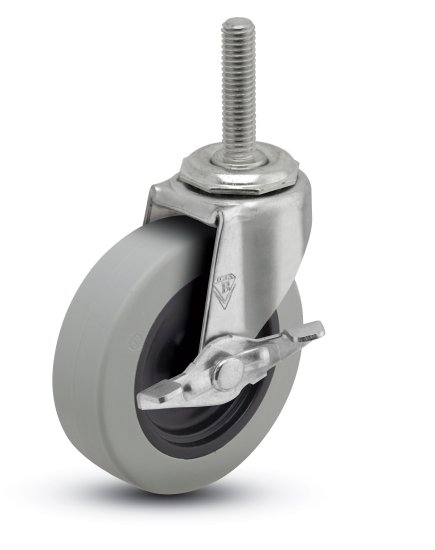 Caster; Swivel; 3\" x 13/16\"; PolyU on PolyO (Gray); Threaded Stem (3/8\"-16TPI x 1-1/2\"); Zinc; Plain bore; 120#; Brake (Item #63382)