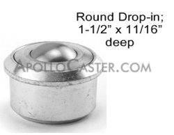 (image for) Ball Transfer; 1"; Nylon Ball; Round Drop-in Base (1-1/2" x 11/16"); Machined Steel Housing; 440#; 9/16" Load Height; Weep Hole(s) (Item #88169)
