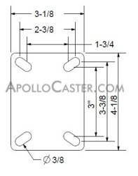 (image for) Caster; Rigid; 4" x 1-1/2"; Phenolic; Plate (3-1/8"x4-1/8"; holes: 1-3/4"x3" slots to 2-3/8"x3-3/8"; 3/8" bolt); Zinc; Steel Spanner; 400# (Item #63475)