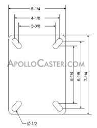 (image for) Caster; Swivel; 10" x 3"; Phenolic; Plate; 5-1/4"x7-1/4"; holes: 3-3/8"x5-1/4" (slots to 4-1/8"x6-1/8"); 1/2" bolt; Zinc; Roller Brng; Kingpinless; Brake (Item #68691)