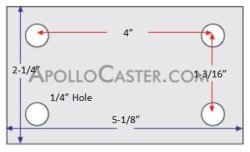 (image for) Caster; Rigid; 3" x 1-1/4"; Cast Iron; Plate (2-1/4" x 5-1/8": holes: 1-3/16" x 4"; 1/4" bolt); Zinc; Plain bore; 300# (Item #63434)