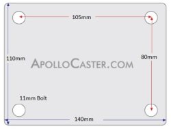 (image for) Caster; Swivel; 150mm x 40mm; PolyU (Orange) on Alum; Plate (110mmx140mm: holes: 80mmx105mm; 11mm bolt); Zinc; Precision Ball Brng; 1100# (Item #64425)
