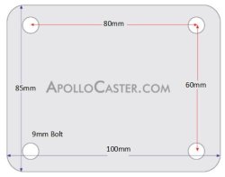 (image for) Caster; Swivel; 125mm x 35mm; PolyU on Alum (Orange); Top Plate (85mm x 100mm: holes: 60mmx80mm; 9mm bolt); Zinc; Ball Brng; 485#; Dust Cover (Plastic) (Item #66183)