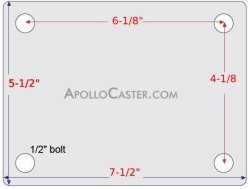 (image for) Caster; Rigid; 5" x 2-1/16" (6"x2-11/16"); Singled Flange Drop Forged Steel; Plate (5-1/2"x7-1/2"; holes: 4-1/8"x6-1/8"; 1/2" bolt); Zinc; Roller Brng; 4200# (Item #63156)