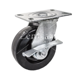 (image for) Caster; Swivel; 8" x 2"; HD Nylon; Slight Crown; Plate (4"x4-1/2"; holes: 2-5/8"x3-5/8" slots to 3"x3"; 3/8" bolt); Roller Brngs; 1250#; Warranty; Cam Brake (Item #63020)