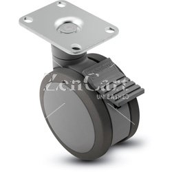 (image for) Caster; Twin Wheel; 100mm (4"); Polyurethane; Top Plate (2-5/8"x3-3/4"; holes: 1-3/4"x2-3/4" slotted to 3"; 5/16" bolt); Gray; Steel Axle; 225#; Total Lock (Item #67358)