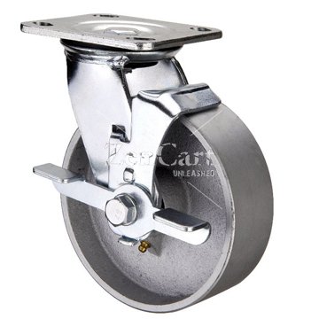 (image for) Caster; Swivel; 3-1/2" x 1-1/4"; Cast Iron; Plate (4"x4-1/2"; holes: 2-5/8"x3-5/8" slots to 3"x3"; 3/8" bolt); Zinc; Plain bore; 350#; Tread brake (Item #63318)