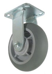 Caster; Rigid; 6" x 2"; ThermoPlastic Rubber Donut (Gray); Plate (2-1/2"x3-5/8"; holes: 1-3/4"x2-7/8" slotted to 3"; 5/16" bolt); Zinc; Roller Brng; 375# (Item #63124)