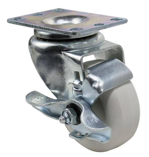 (image for) Caster; Swivel; 5\" x 1-1/4\"; White Crowned Polyolefin; Plate (2-3/8\"x3-5/8\"; holes: 1-3/4\"x2-7/8\" slotted to 3\"; 5/16\" bolt); Spanner; 350#; Tread brake (Item #66308)