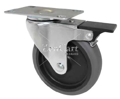 (image for) Caster; Swivel; 3" x 1-1/4"; PolyU on PolyO (Gray); Plate (2-1/2"x3-5/8"; holes: 1-3/4"x2-7/8" slotted to 3"; 5/16" bolt); Zinc; Plain bore; 250#; Pedal Brake (Item #64166)