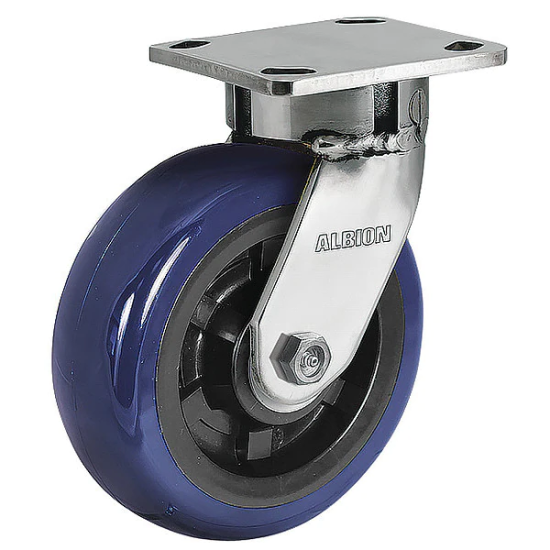 (image for) Caster; Swivel; 6\" x 2\"; PolyU on PolyO (Blue); Plate (4\"x4-1/2\"; holes: 2-5/8\"x3-5/8\" slots to 3\"x3\"; 3/8\" bolt); Stainless; Stainless Prec BB; 1100 (Item #63675)