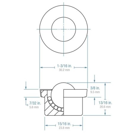 (image for) Ball Transfer; 5/8" carbon steel ball; Round drop-in Base; 15/16" diam base x 7/16" deep; Carbon Steel housing; 35#; 3/8" load height (Item #89244)
