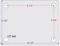 (image for) Caster; Rigid; 6" x 2-1/2"; Steel; Top Plate (4-1/2"x6-1/2": holes: 3-3/8"x5-1/4"; 1/2" bolt); Gold Finish; Tapered Rlr Brng; 3000# (Item #65692)