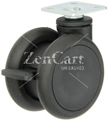 (image for) Caster; Twin Wheel; Swivel; 65mm; Thermoplastized Rubber (Black); Plate (1-1/2" x 1-1/2"; holes: 1" x 1"; 3/16" bolt);Riveted Axle; 110#; Wheel Brake (Item #63305)