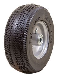 Caster; Rigid; 10" x 4"; Flat Free Tire (Black); Plate (4"x4-1/2"; holes: 2-5/8"x3-5/8" slots to 3"x3"; 3/8" bolt); Zinc; Prec Ball Brngs; 440#; Made in USA (Item #62966)