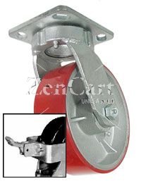 (image for) Caster; Swivel; 10" x 3"; Crowned PolyU on PolyO; Plate (5-1/4"x7-1/4"); Rlr Brng; 3000#; Kingpinless;Face Contact Brake (Item #65626)