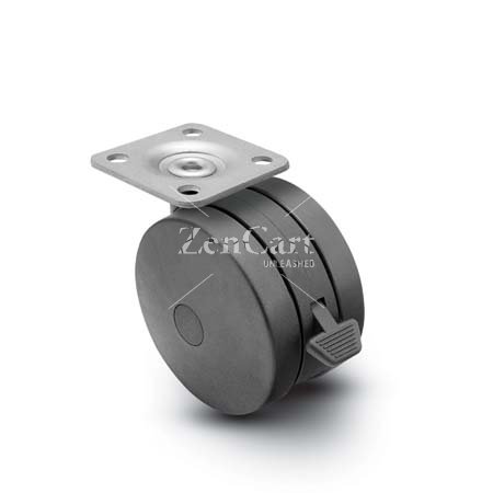 (image for) Caster; Twin; Swivel; 4" (100mm); Nylon; Plate; 2-5/8"x3-3/4"; holes: 1-3/4"x2-3/4" (slotted to 3"); 5/16" bolt; Black; Rivet; 175#; Pedal Lock; Wheel (Item #68903)