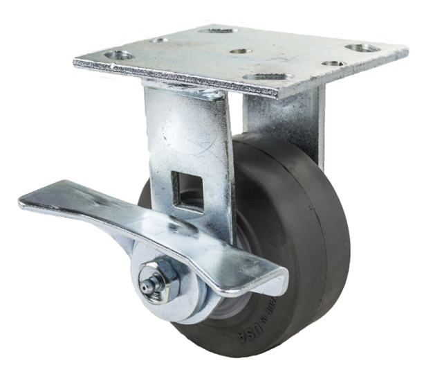 (image for) Caster; Rigid; 4\" x 2\"; Thermoplastized Rubber (Gray); Plate (4\"x4-1/2\"; holes: 2-5/8\"x3-5/8\" slotted to 3\"x3\"; 3/8\" bolt); Zinc; Roller Brng; 300#; Cam Brake (Item #64731)