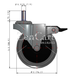 (image for) Caster; Swivel; 3" x 13/16"; Thermoplastized Rubber (Gray); Threaded Stem (5/16"-18TPI x 3/4"); Zinc; Plain bore; 110#; Top Lock Brake (Item #63909)