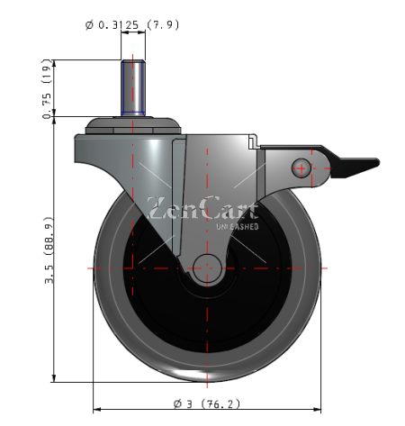 (image for) Caster; Swivel; 3" x 13/16"; Thermoplastized Rubber (Gray); Threaded Stem (5/16"-18TPI x 3/4"); Zinc; Plain bore; 110#; Top Lock Brake (Item #63909)