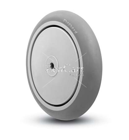 (image for) Wheel; 5" x 1"; ThermoPlstc Rbr; Round (Gray); Precision Ball Brng; 160#; 5/16" Bore; 1-3/16" Hub Length; Thread guards (Item #89445)