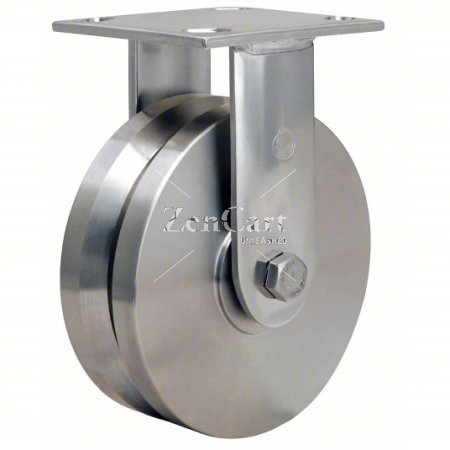 (image for) Caster; Rigid; 12" x 4"; V-Groove (1-3/4") Drop Forged 1045 Steel; Plate (8-1/2"x8-1/2"; holes: 7"x7"; 5/8" bolt); Zinc; Plain bore; 8000#; High Temp; 800 F (Item #63186)