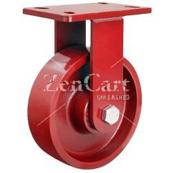 (image for) Caster; Rigid; 6" x 2-1/2"; Cast Iron; Plate (4-1/2"x6-1/4"; holes: 2-7/16"x4-15/16" slotted to 3-3/8"x5-1/4"; 1/2" bolt); Red Yoke; Roller Brng; 2200# (Item #62950)