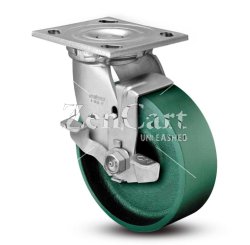 (image for) Caster; Swivel; 6" x 2"; Cast Iron; Plate (4"x4-1/2"; holes: 2-5/8"x3-5/8" slots to 3"x3"; 3/8" bolt); Zinc; Roller Brng; 1200#; Brake; Warranty; Made in USA (Item #63460)