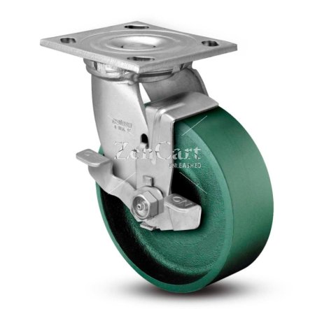 (image for) Caster; Swivel; 6" x 2"; Cast Iron; Plate (4"x4-1/2"; holes: 2-5/8"x3-5/8" slots to 3"x3"; 3/8" bolt); Zinc; Roller Brng; 1200#; Brake; Warranty; Made in USA (Item #63460)