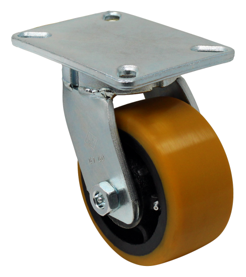Caster; Swivel; 10\" x 4\"; PolyU (1\"; 95A) on Cast; Plate (8-1/2\"x8-1/2\"; holes: 7\"x7\"; 5/8\" bolt); Zinc; Tapered Rlr Brng; 7500#; Kingpinless (Item #64030)