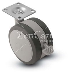 (image for) Caster; Twin; Swivel; 60mm (2-3/8"); Thermoplastized Rubber (Gray); Plate; 1-1/2"x1-1/2"; holes:1"x1"; 3/16" bolt; Gray; Rivet; 100#; Wheel Brake (Item #67858)