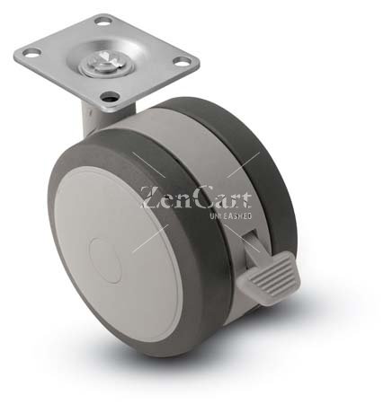 (image for) Caster; Twin; Swivel; 2" (50mm); Thermoplastized Rubber (Gray); Plate; 1-1/2"x1-1/2"; holes: 1"x1; 3/16 bolt; Gray; Rivet; 75#; Pedal Lock; Wheel Brake (Item #68062)