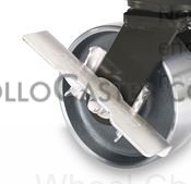 (image for) Caster; Swivel; 12"x5"; PolyU on Cast (Red); Plate (8-1/2"x8-1/2"; holes: 7"x7"; 5/8" bolt); Zinc; Roller Brng; 6250#; Position Lock (4-way); PolyCam Brake (Item #66927)