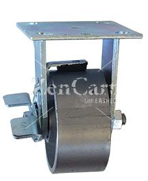 (image for) Caster; Swivel; 6" x 2"; Cast Iron; Plate; 4"x4-1/2"; holes: 2-5/8"x3-5/8" (slotted to 3"x3"); 3/8" bolt; Zinc; Roller Brng; 1200#; Top Lock brake (Item #62981)