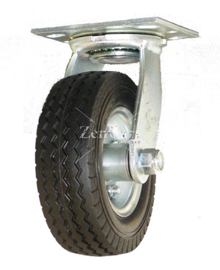 (image for) Caster; Swivel; 10" x 3"; Flat Free Tire (Black); Plate (4-1/2"x6-1/4"; holes: 2-7/16"x4-15/16" slotted to 3-3/8"x5-1/4"; 3/8" bolt); Zinc; Prec BB; 280# (Item #64643)