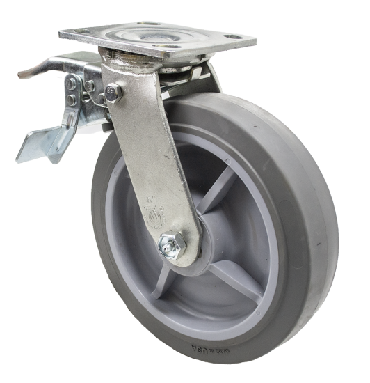 (image for) Caster; Swivel; 6\" x 2\"; Thermoplastized Rubber; Plate (4\"x4-1/2\"; holes: 2-5/8\"x3-5/8\" slots to 3\"x3\"; 3/8\" bolt); Zinc; Roller Brng; 500#; Total Lock (Leading (Item #66012)