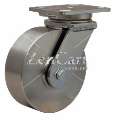 (image for) Caster; Swivel; 4" x 2"; Stainless Steel Yoke, Solid SS Steel and Prec Ball Bearings; Plate (4"x4-1/2"; holes: 2-5/8"x3-5/8" slots to 3"x3"; 3/8" bolt); 1250# (Item #63225)