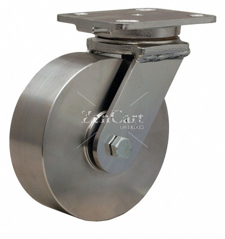 (image for) Caster; Swivel; 4" x 2"; Stainless Steel Yoke, Solid SS Steel and Prec Ball Bearings; Plate (4"x4-1/2"; holes: 2-5/8"x3-5/8" slots to 3"x3"; 3/8" bolt); 1250# (Item #63225)