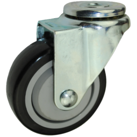 (image for) Caster; Swivel; 4" x 1-1/4"; PolyU on PolyO (Black); Hollow Kingpin (1/2" bolt hole); Zinc; Plain bore; 250#; Dust Cover (Mtl) (Item #64896)